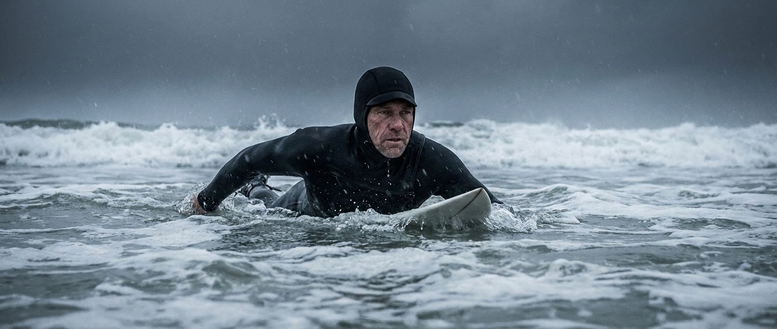 Image of a cold water surfer wearing a wetsuit hood and paddling a surfboard in choppy ocean water, illustrating the risk of external auditory exostosis and the need for ear protection.