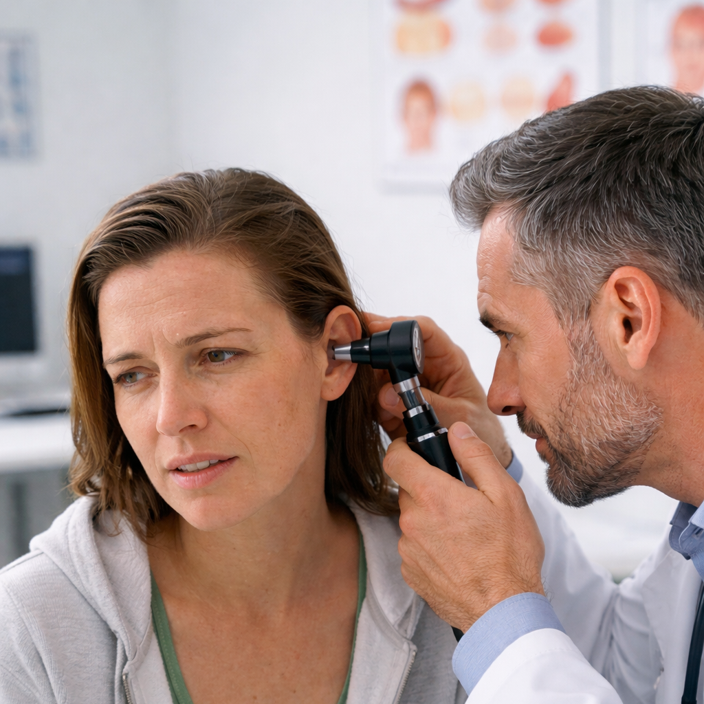 Doctor examining patient’s ear with otoscope during ENT consultation for swimmer’s ear symptoms