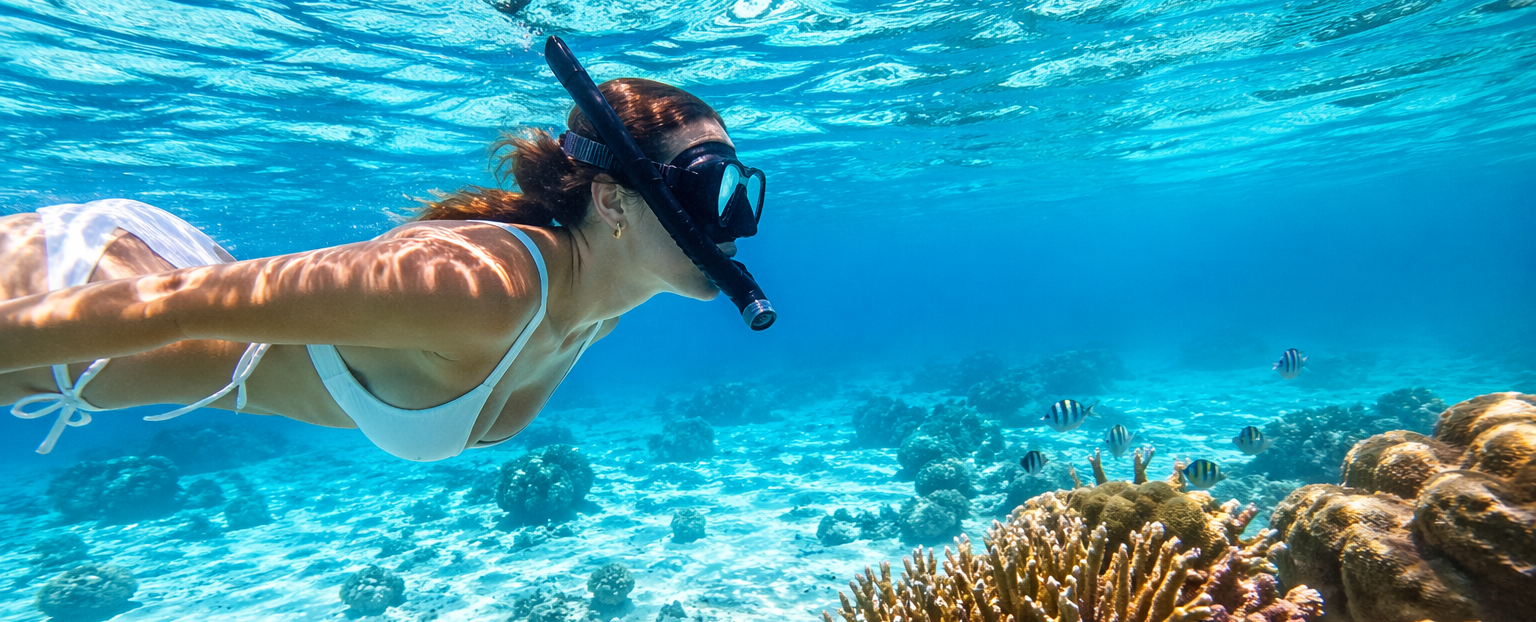 Snorkeler swimming over shallow coral reef in clear turquoise water, wearing mask and snorkel with ear visible, tropical underwater lifestyle scene