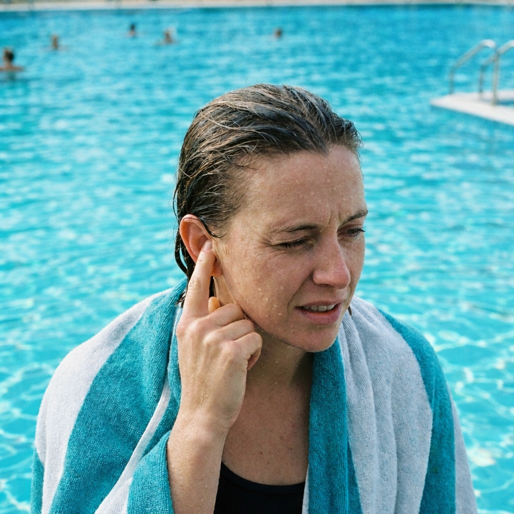 A close-up, relatable lifestyle image of a swimmer just out of the water, gently pressing a finger to their ear as if experiencing mild discomfort. This is the featured image for the blog post on swimmer's ear causes.