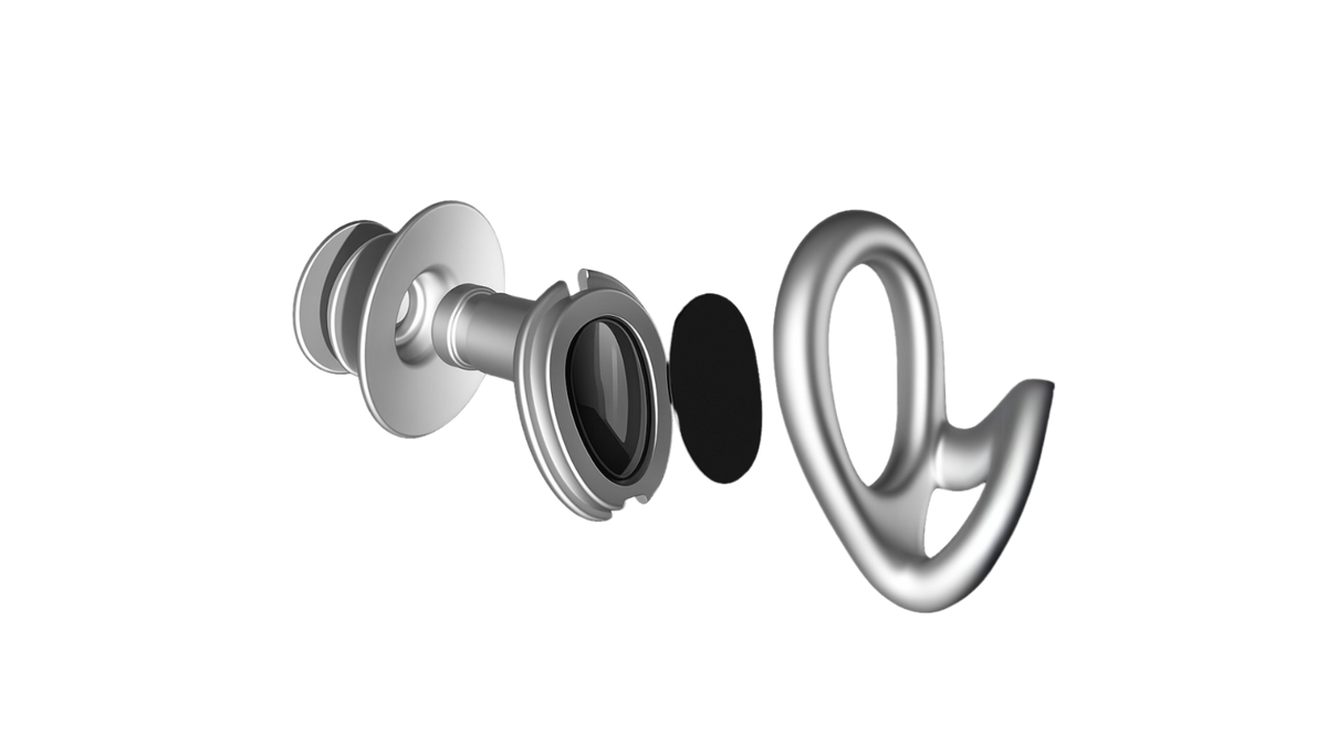Exploded view of a SEAR Plug: ear tip, acoustic chamber, acoustic membrane, pathway and sealing wing