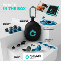 What's in the box: SEAR Plugs, three ear tip sizes (S/M/L), four ear wing sizes (S/M/L/XL), ear filter, magnetic case, leash with floatable element and stickers