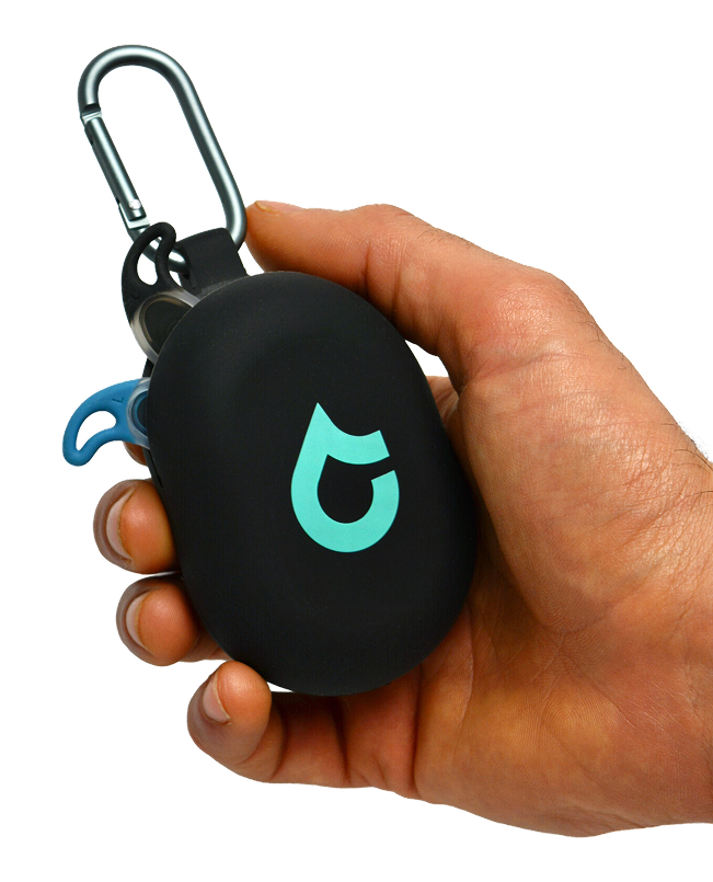 Hand holding a black SEAR earplug case with turquoise logo and leash.